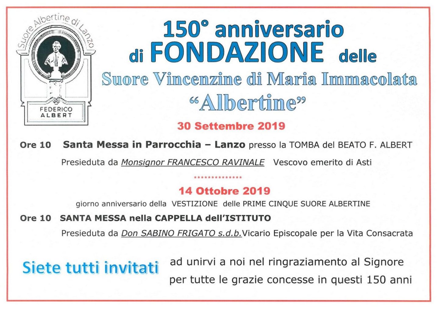 150e anniversaire de FONDATION des Soeurs "Vincenzine di Maria Immacolata" ALBERTINES